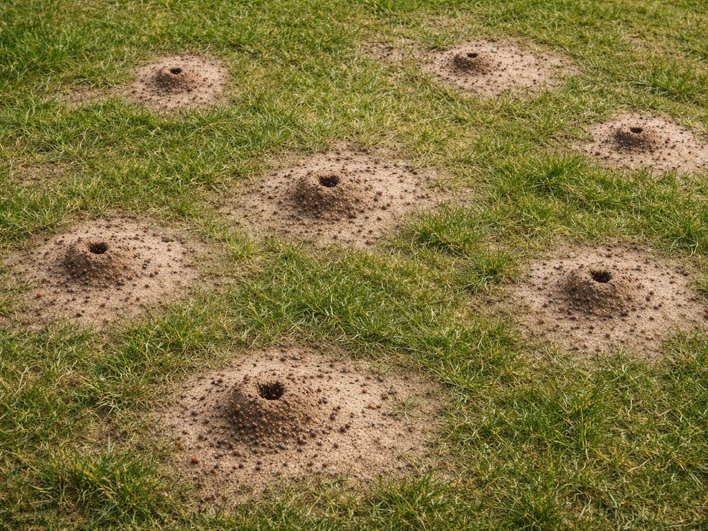 Bovenaanzicht van een Nederlands gazon met zichtbare nesthoopjes en zandplekken van rode mieren