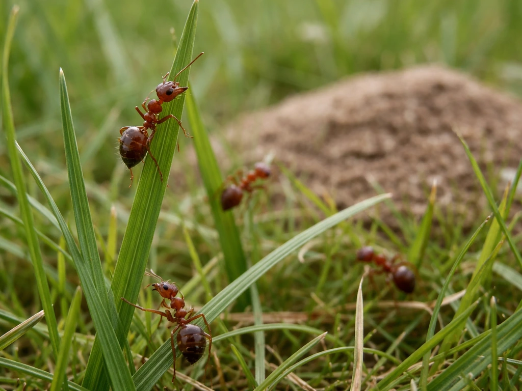 Rode weide-mier op grasspriet met klein nesthoopje aarde in een gazonclose-up