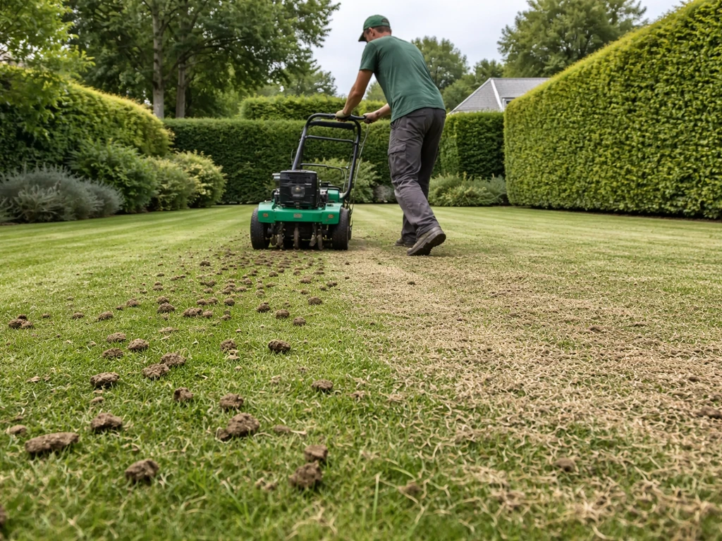 Tuinman belucht een gazon met een holle-tanden beluchter; grasmat wordt doorprikt voor herstel en overzaaien.
