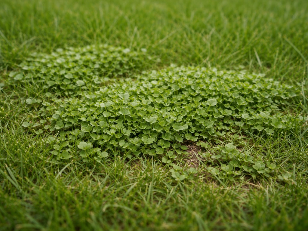 Close-up van draadereprijs in een grasmat met kruipende draderige stengels en kleine blaadjes.