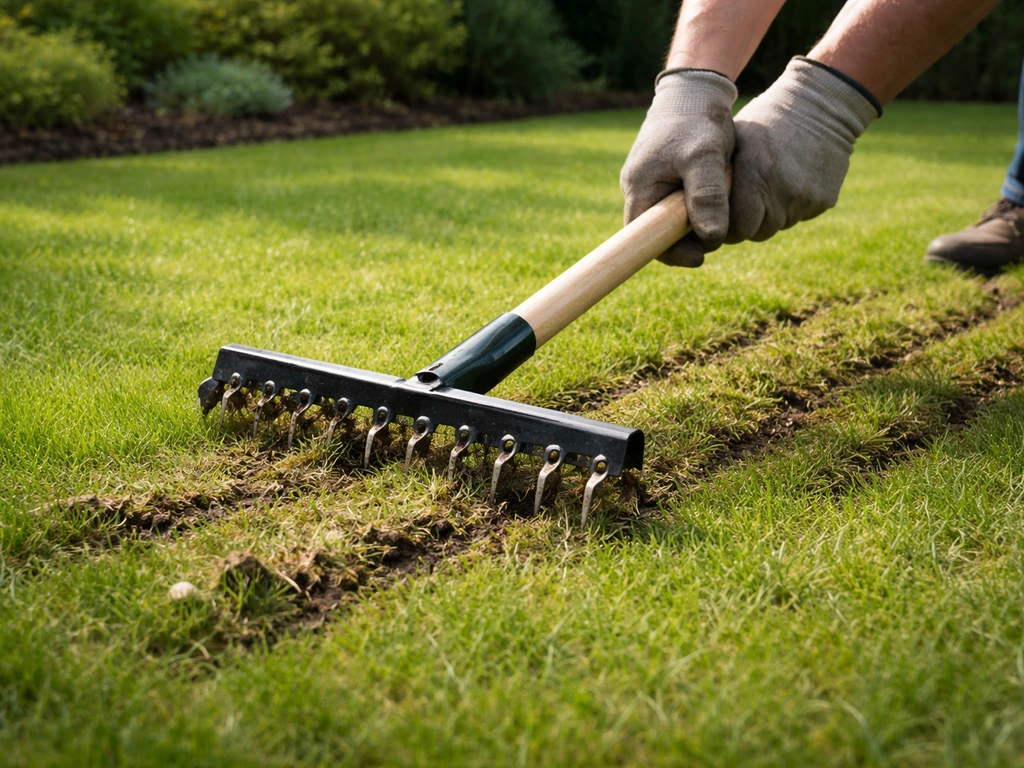 Tuinier die met verticuteermes sleuven trekt in het gazon, met zichtbare grasresten en grondkernen