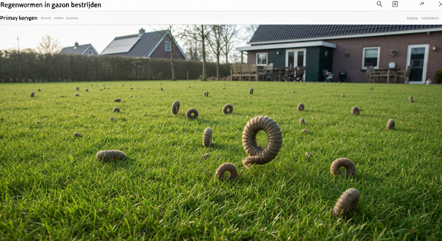 Tuinier harkend over een Nederlands gazon met zichtbare regenwormhoopjes (turricules); zak zand en plug-beluchter op de achtergrond.