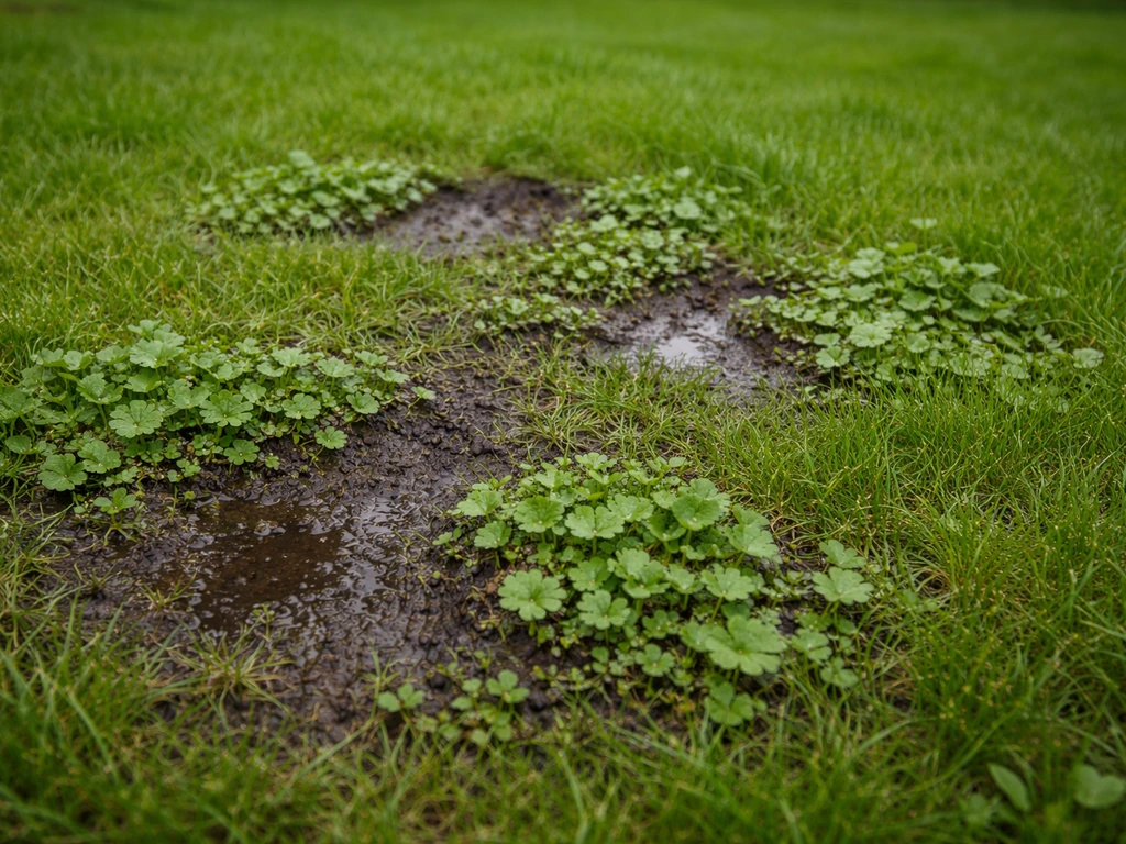 Close-up van een gazon met natte waternavelvlekken en duidelijk herkenbare waternavelbegroeiing tussen het gras.