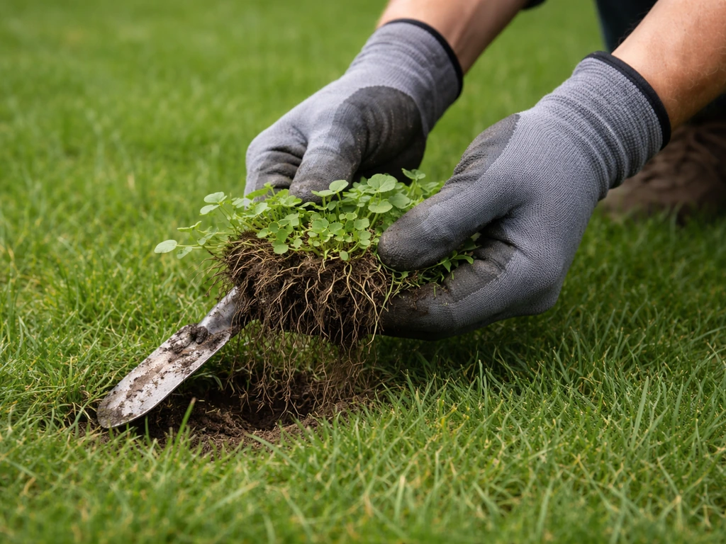 Tuinier met handschoenen die een waternavelmat met wortelkluit uit het gazon licht
