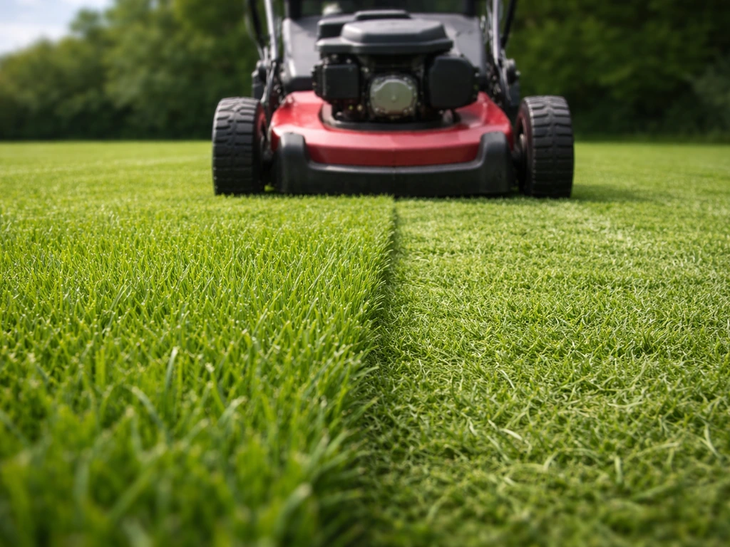 Gazon en grasmaaier die een egaal stuk gras maait op ongeveer 4–5 cm hoogte.