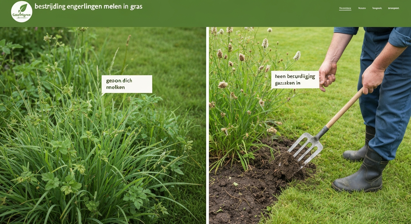 Gesplitste banner: gezond gazon links, beschadigd gazon met blootgelegde larven en tuinier met spade rechts.