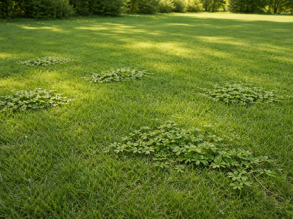 Panoramisch gazonbeeld met zichtbare plekken met vijfvingerkruid dat kruipend over de grond groeit