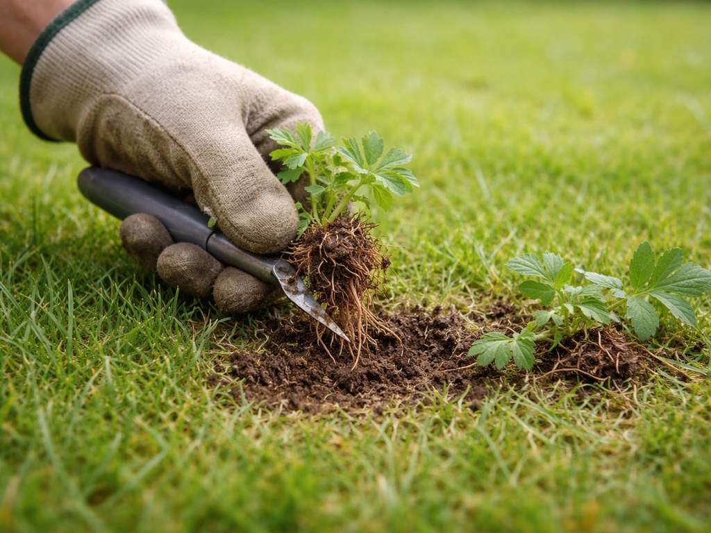 Tuinman wielt een korte grasmat, haalt vijfvingerkruid mechanisch uit en toont uitgestoken plantmateriaal