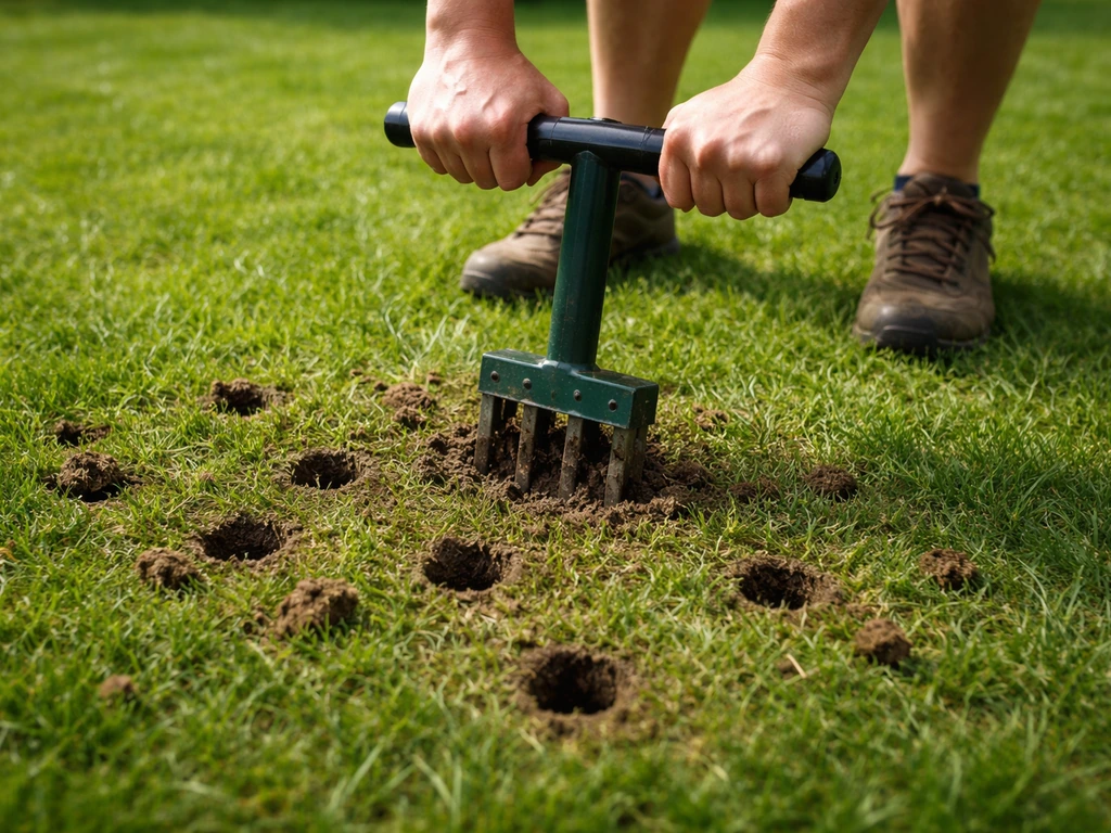 Handen met gazonbeluchtingsprikken in een groen gazon, losse aarde zichtbaar op de beluchte gaten.