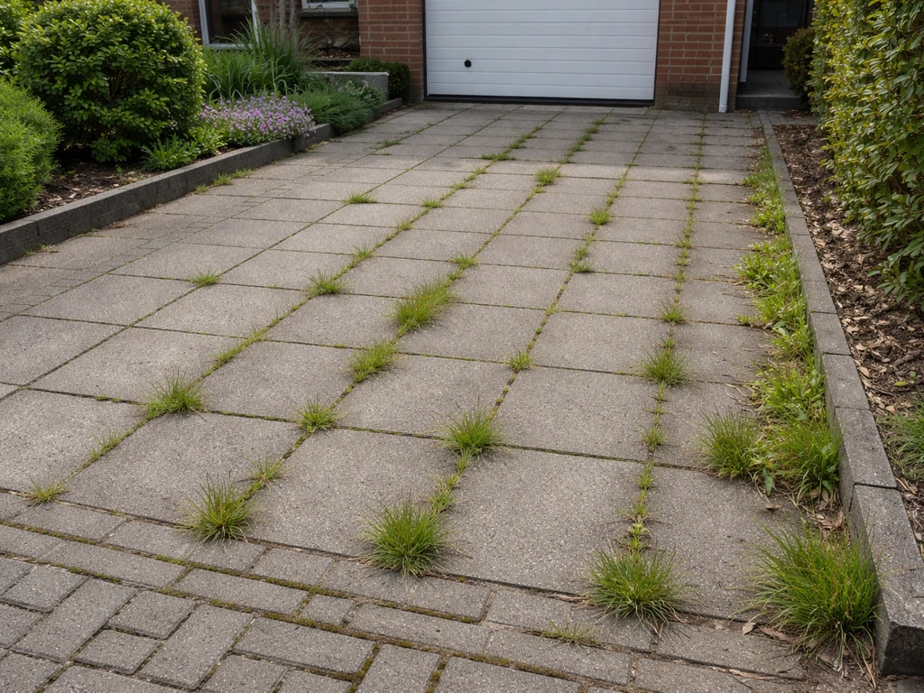 Oprit met zichtbaar gras tussen tegels en langs de rand, klaar om gras bestrijden te illustreren.