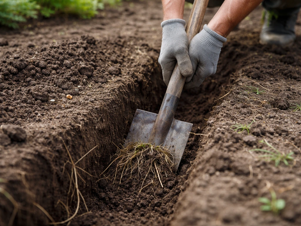 Tuinman graaft handmatig uit met een wortelspit in vochtige aarde, met zichtbare diepe sleuf en wortelresten.
