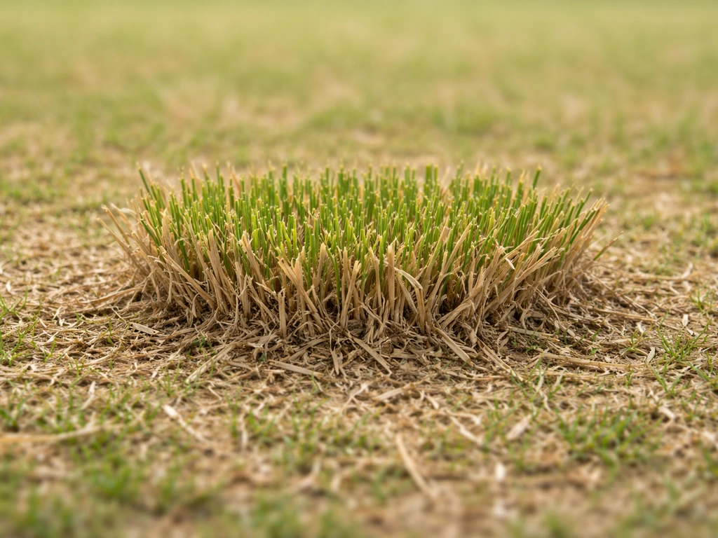 Korte, afgemaaide graspol met sporen van herhaalde maaibeurten, in een rustige tuinrand.