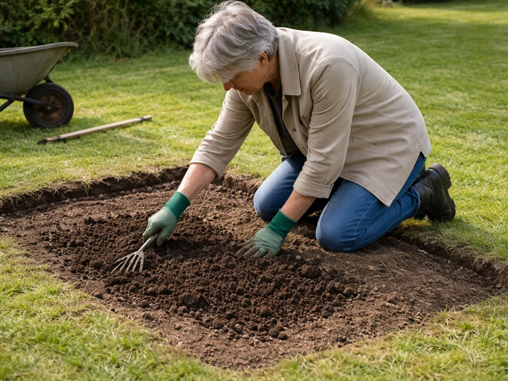Tuinier werkt op een kale open plek; compost wordt aangebracht, klaar voor herinzaaien
