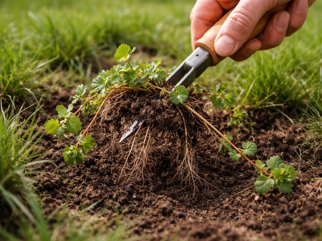 Handmatig hondsdraf uitgraven met een onkruidsteker, zichtbare stolonen die uit de grond worden getrokken