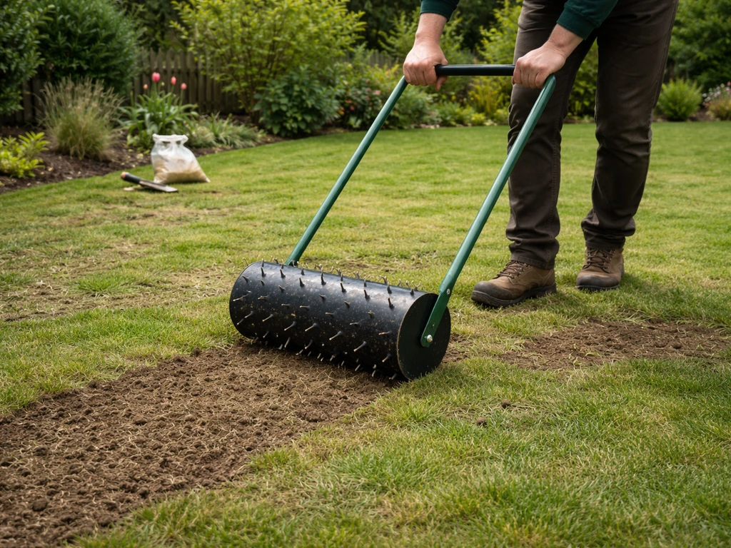 Tuinman die met een prikrol de grasmat belucht en daarna graszaad uitstrooit op kale plekken