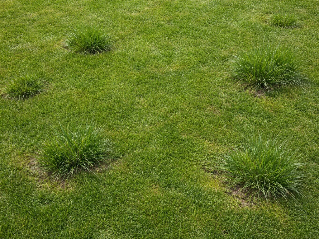 Bovenaanzicht van een Nederlands gazon met zichtbaar wild gras tussen gemaaid siergras.