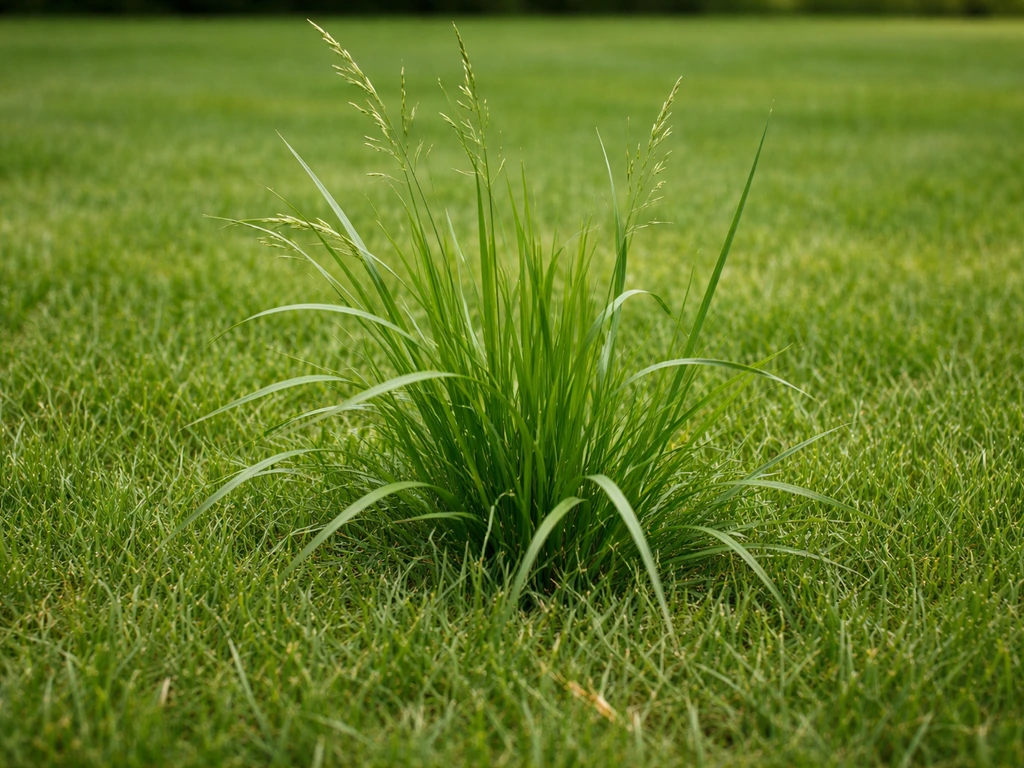 Close-up van wild gras tussen egale gazonsprieten, met zichtbare verschillen in blad- en polvorm.