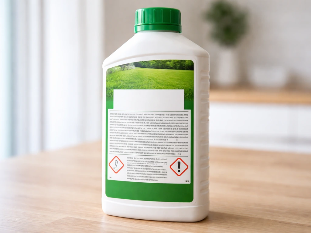 Fles gewasbeschermingsmiddel en close-up van het etiketgedeelte met toelating en gebruiksinformatie.
