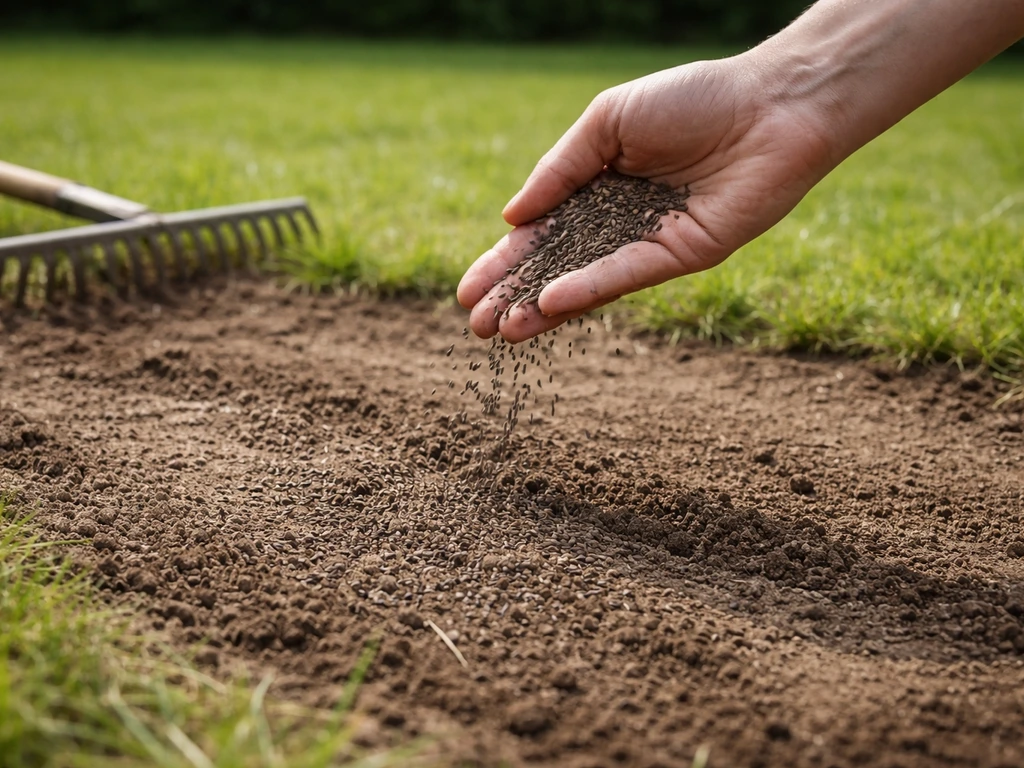 Hand die graszaad uitstrooit op kale grond in een tuin, met licht aanharken zichtbaar.