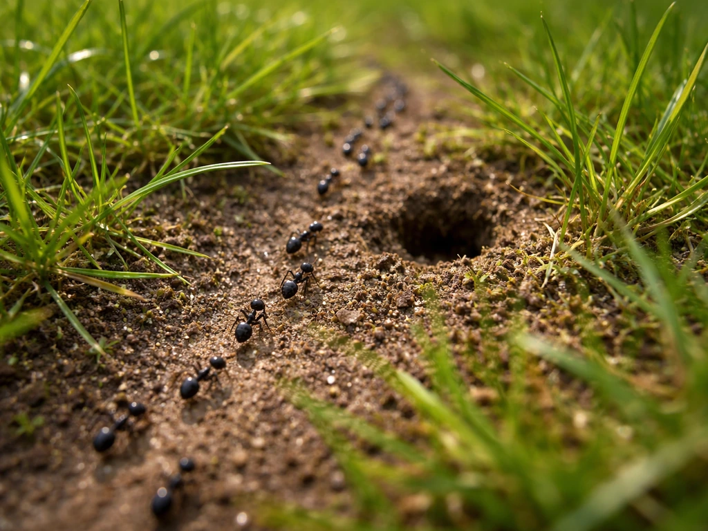 Close-up van mieren en mierensporen in een zonnig stuk gazon bij een nestingang.