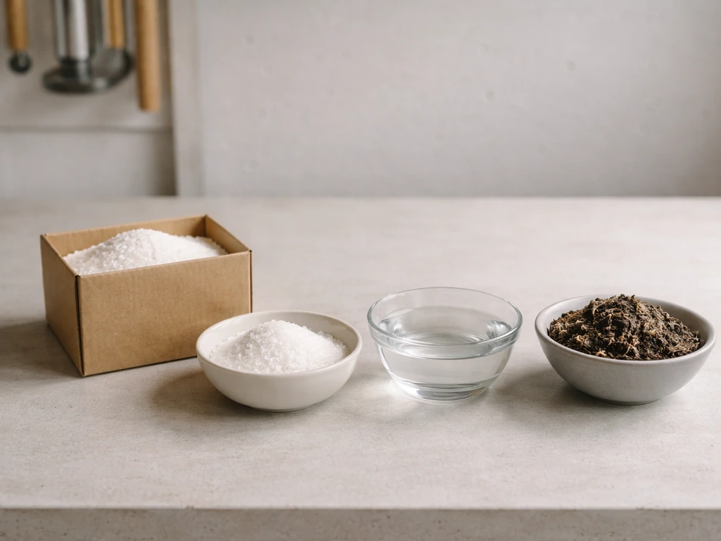 Minimalistische tafelopstelling met borax-lokvoer en drie bakjes met alternatieven voor mierenaanpak.