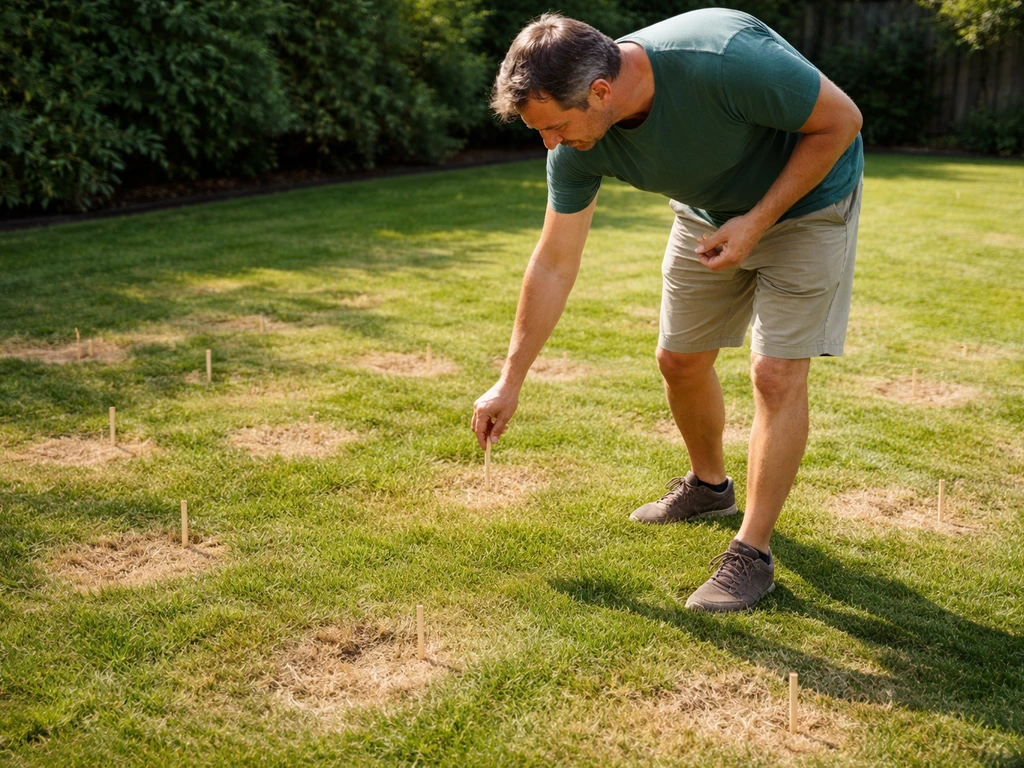 Persoon loopt langs het gazon en markeert gele en bruine plekken met tuinstokjes in een scanpatroon.
