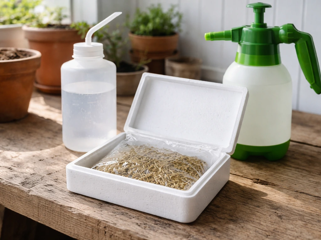 Koel bewaarde aaltjesverpakking met Heterorhabditis bacteriophora en een tuinspuit/gieter voor toepassing