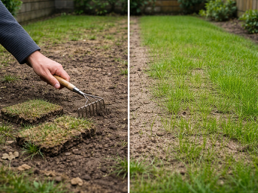 Tuinier die kale plekken licht harkt, daarna zichtbaar nieuwe grasgroei na herstel in dezelfde tuinstrook.