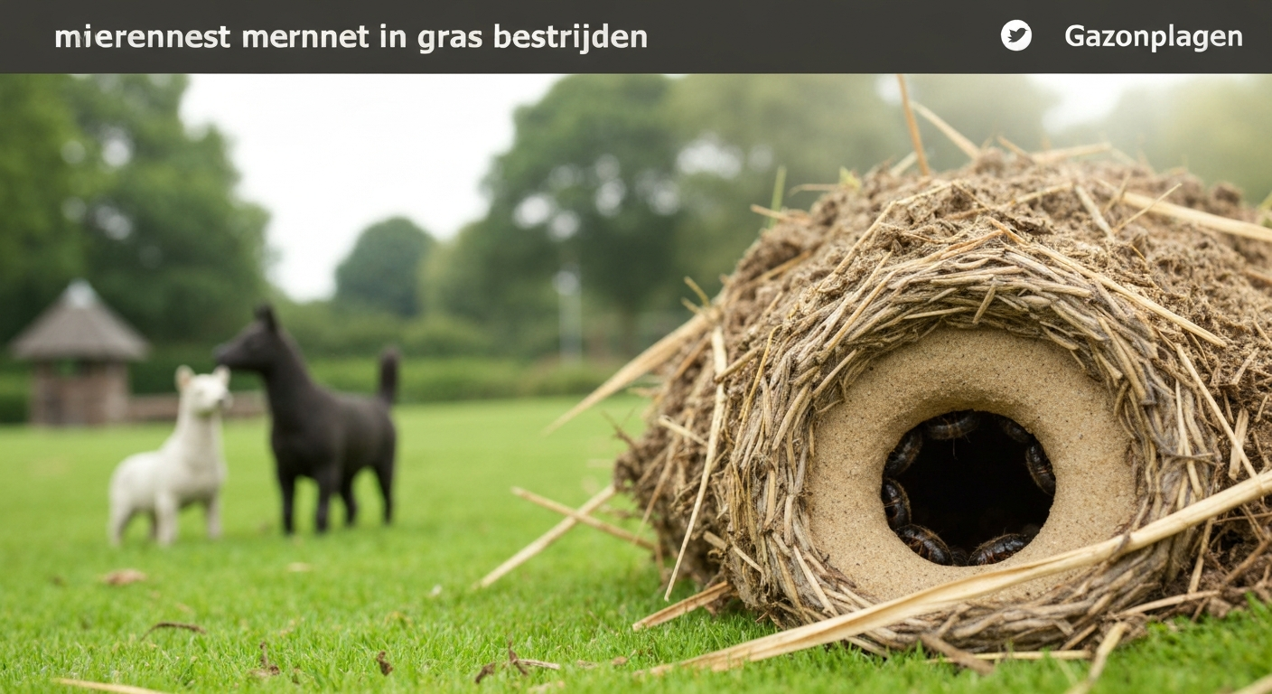 Close-up van een mierennest (kegelvormig zandhoopje) in een Nederlands gazon met werksters bij de opening