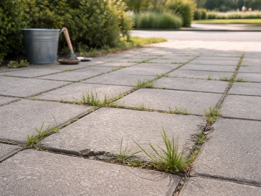 Terras met betontegels waar gras duidelijk tussen de voegen groeit, rustige opritomgeving zonder mensen.