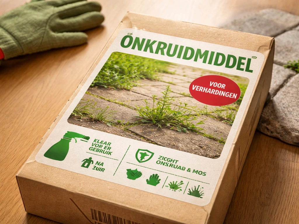 Close-up van een onkruidmiddel-etiket op een tafel, met duidelijke gebruiksinstructies en focus op toepassingsgebied.
