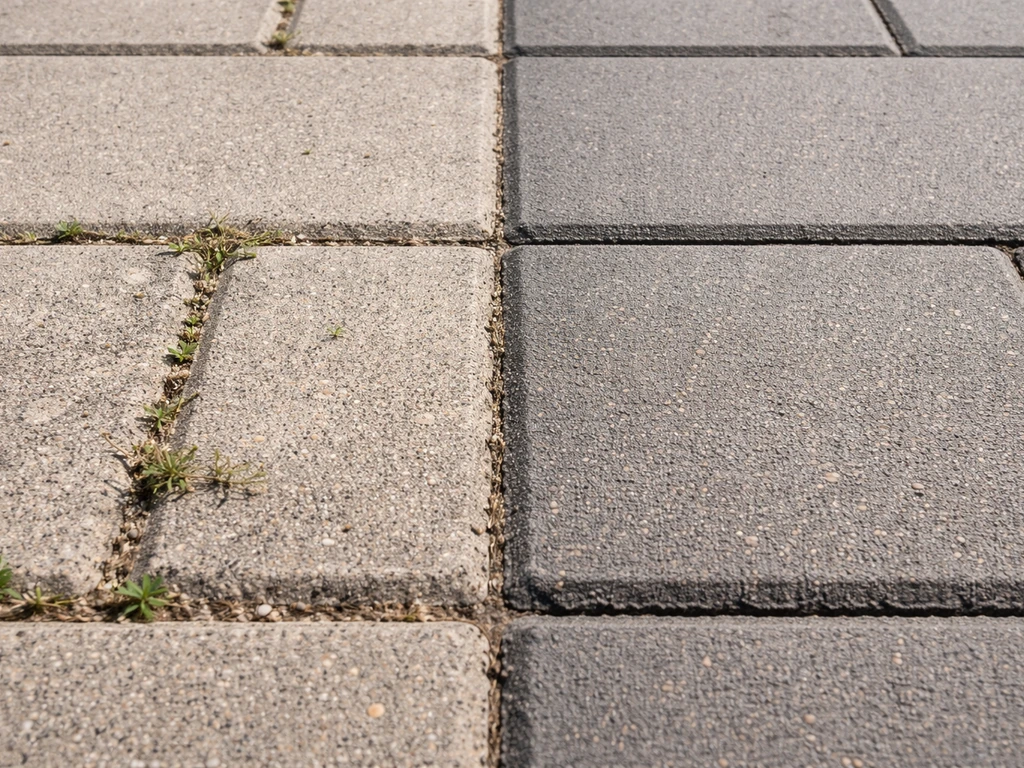 Detail van open en vervuilde voegen met rul zand naast schonere, dichtere voegen na herstel.
