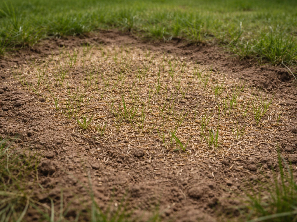 Nazorg in een tuin: doorgezaaide kale plek met ingezaaid gras en licht afgeharkte grond, dicht bij de bodem