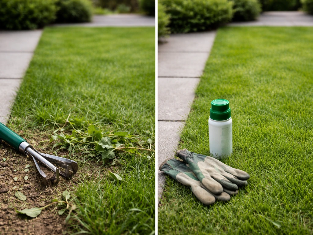 Tuin met gras en onkruid: links mechanisch wieden, rechts selectief herbicide met handschoenen en spuitbus
