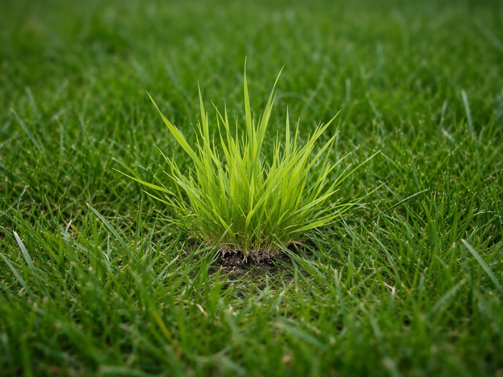 Close-up van straatgras (lichtgroen/geelgroen) in een Nederlands gazon tussen donkergroene grassprieten.