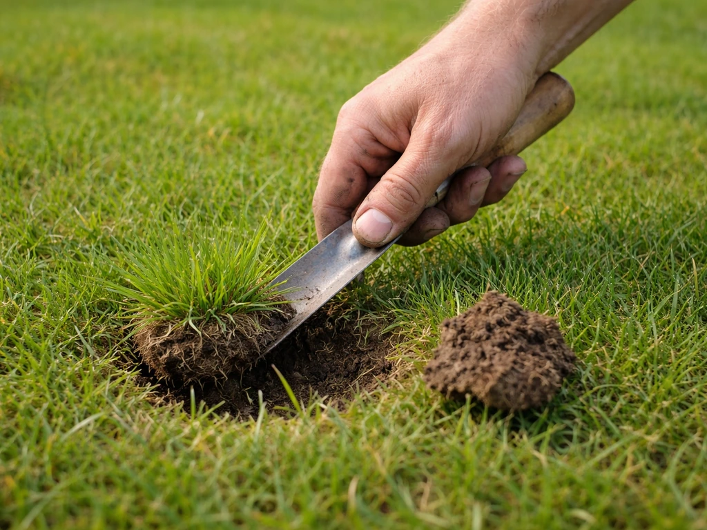 Hand steekt met smalle spade een plukje straatgras uit; de grond wordt opgetild in het gazon.