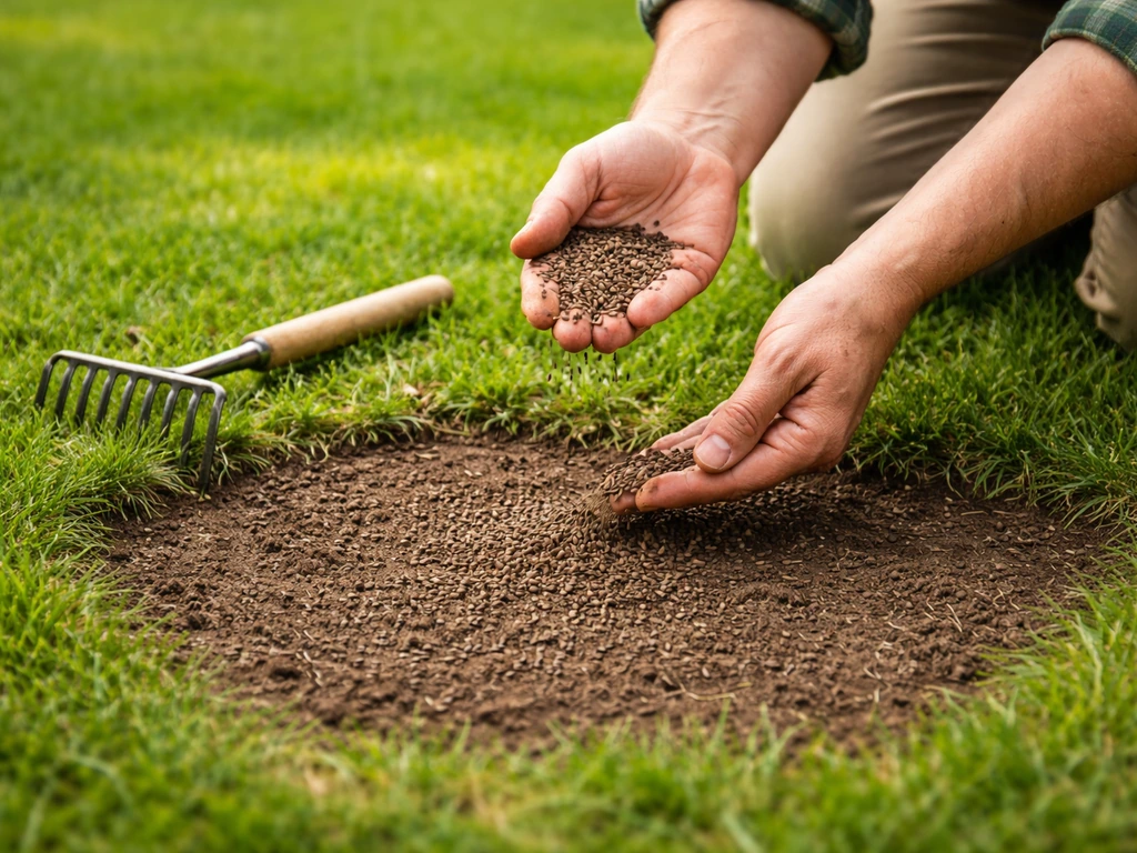 Hand strooit gazonzaden over kale plek in de tuin, met lichte harkbeweging en vers gras in de achtergrond.