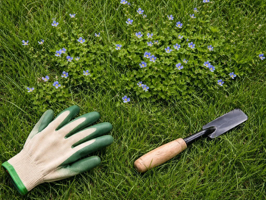 Bovenaanzicht van een gazon met ereprijs ertussen, met tuinhandschoen en maaigereedschap voor herstel
