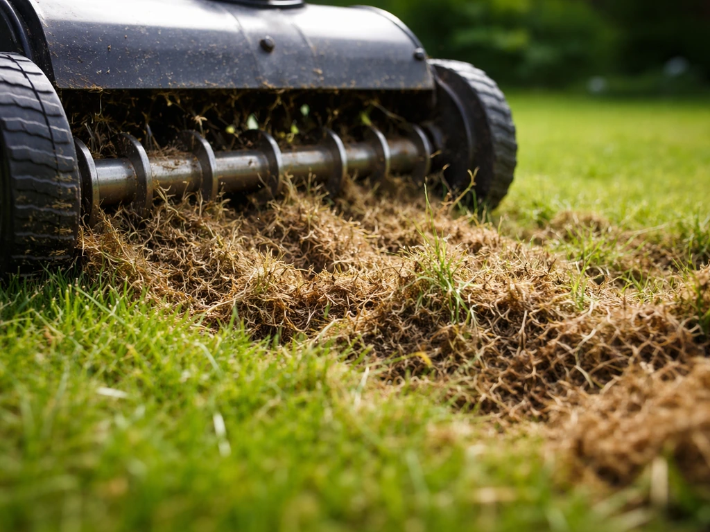 Een verticuteerrol maakt vilt en uitlopers los uit de grasmat in een tuin, dicht op de grond.