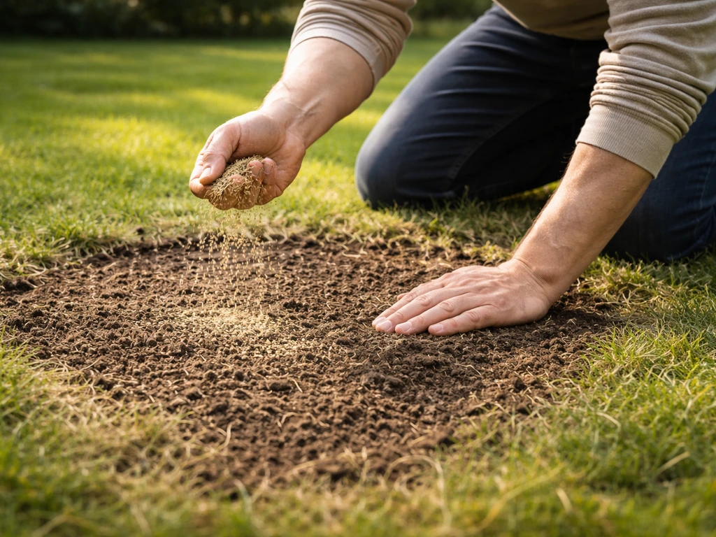 Iemand strooit graszaad uit op een recent verticuteerde, kale plek in het gazon en drukt het licht aan