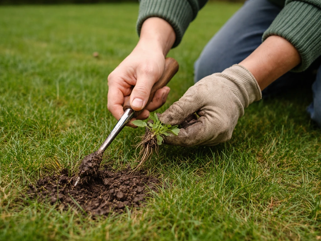 Tuinman op gazon die met onkruidspieker een onkruid met wortelknolletjes voorzichtig uittrekt na regen