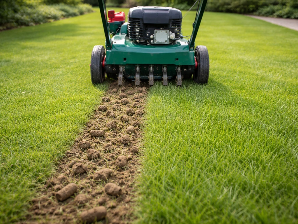 Grasbeluchter in gebruik op een gazon, daarna zicht op dicht en gezond herstellend gras.