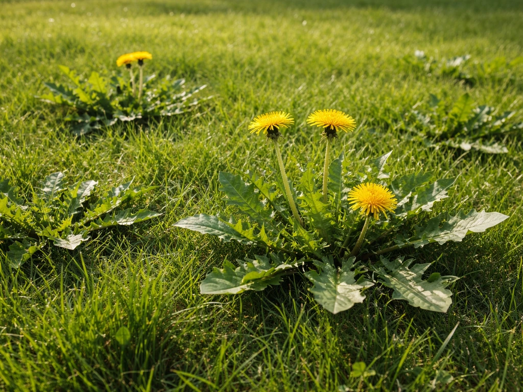 Groen gazon met duidelijk zichtbare paardenbloemen en rozetten tussen het gras