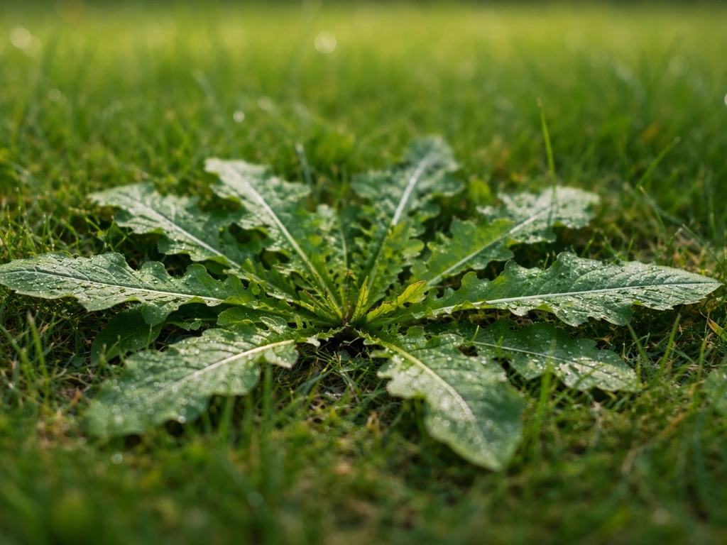 Close-up van een paardenbloem bladrozet in het gras, met diep gelobde bladeren en zacht onscherpe achtergrond.