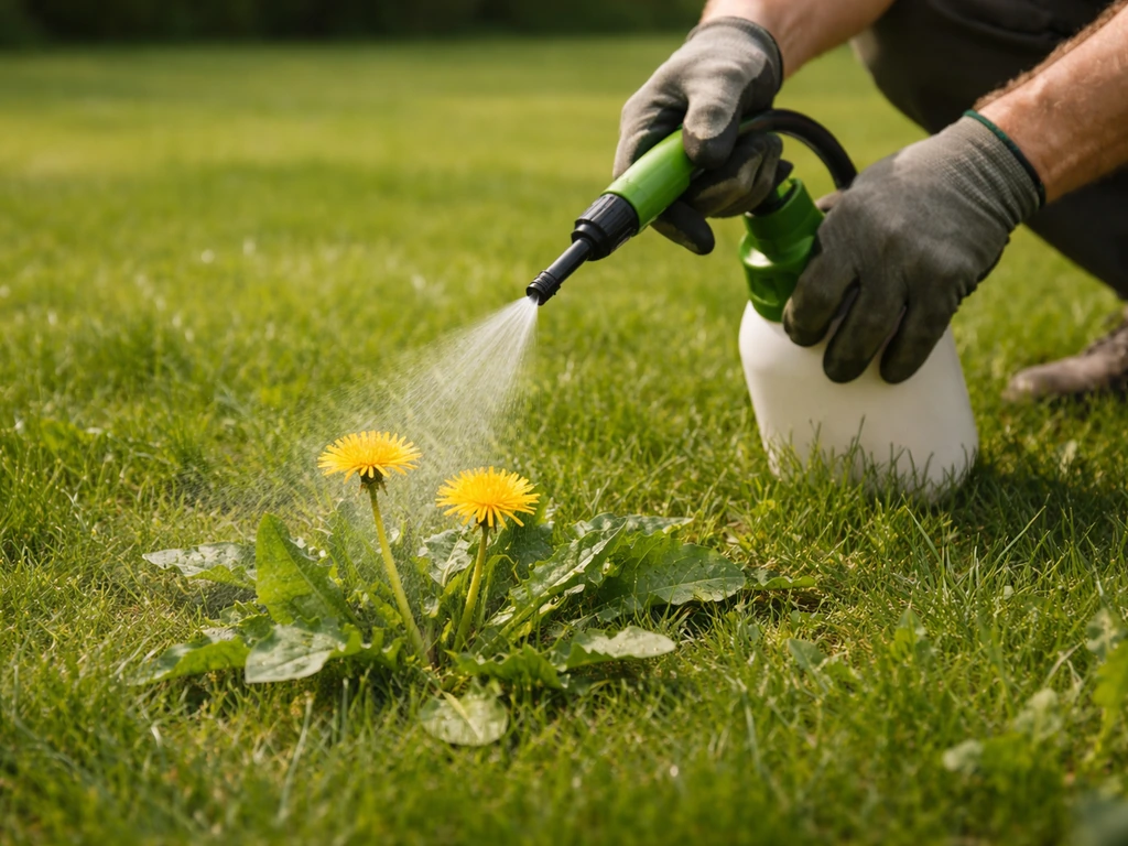 Gazon met paardenbloemen terwijl een tuinier selectieve onkruidverdelger gericht sproeit, met zichtbaar spuitresultaat.