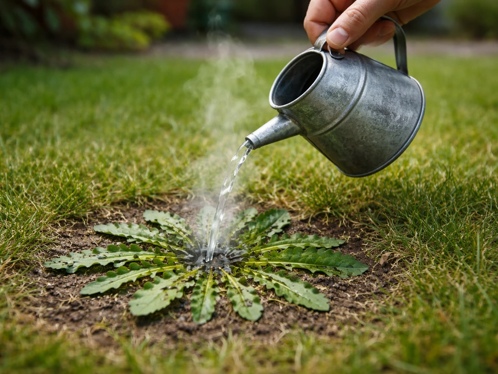 Iemand giet kokend water met een gieter gericht op de kern van een paardenbloemrozet in een tuin.