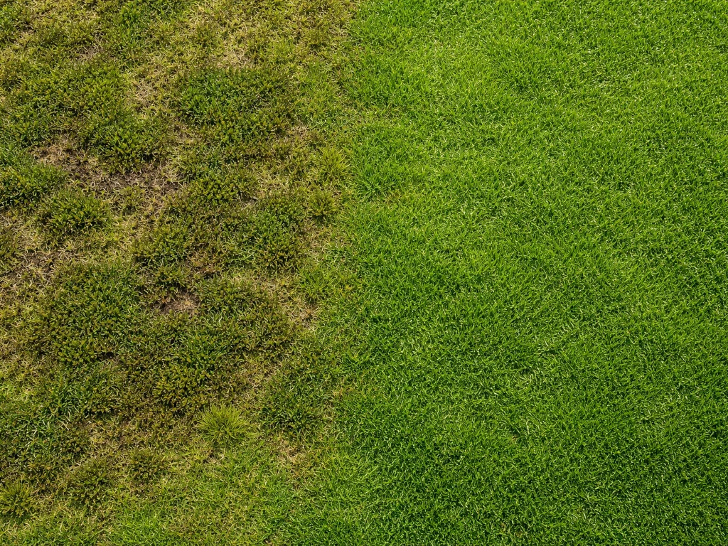 Bovenaanzicht: mosplekken in een gazon met daarnaast gezond, groen gras als duidelijk contrast.