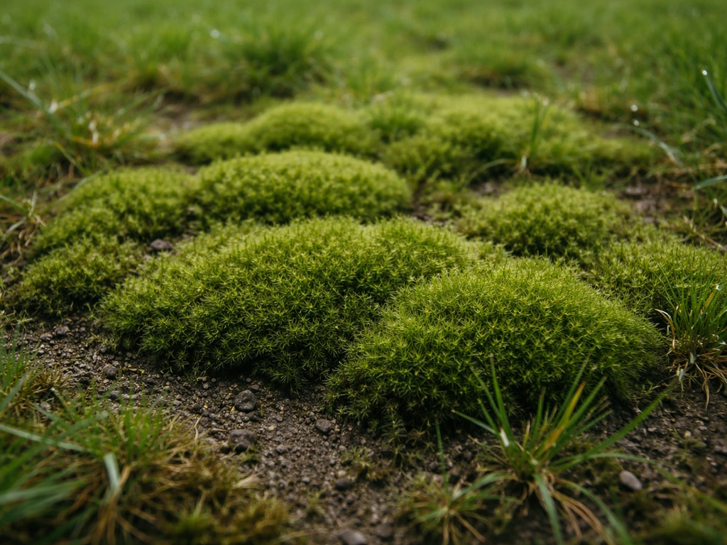 Close-up van donkergroen mos in het gazon, zacht en sponsachtig tussen dunner wordend gras.
