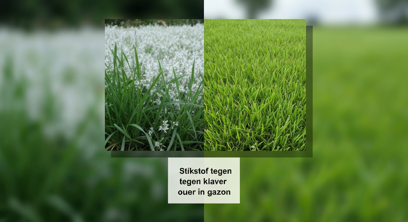 Voor-en-na beeld van een Nederlands gazon: veel klaver links en dicht groen gras rechts na stikstofbemesting.