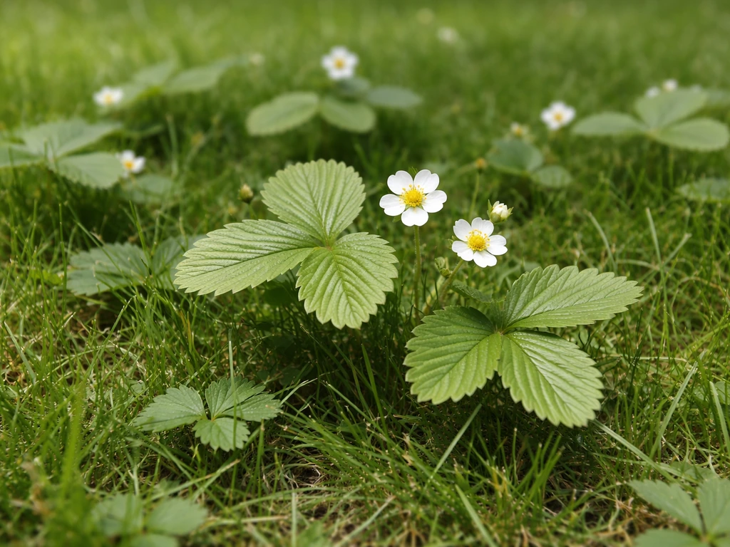 Wilde aardbei tussen gras en klaverachtig blad, met focus op drietallige bladeren en witte vijfbladige bloemetjes.